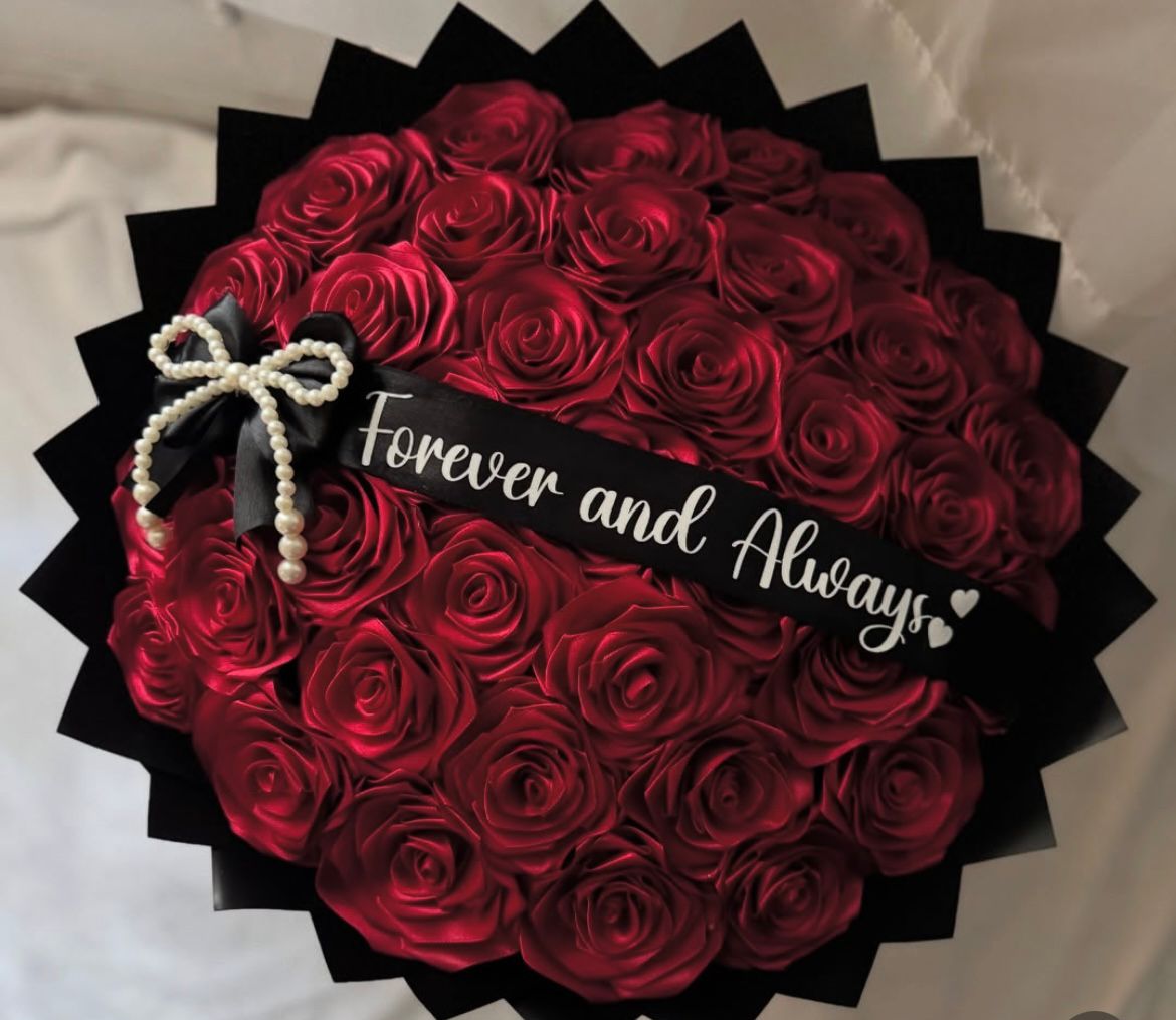 Red Forever Ribbon Roses Bouquet with Black wrapping Papper