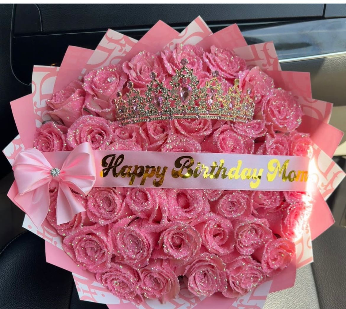 Queen Crown Pink Forver Ribbon Roses  Bouquet with Pink Wrapping Papper