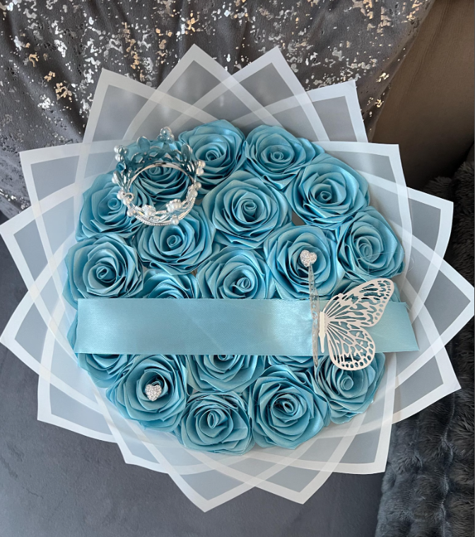 Light Blue Ribbon Roses with white wrapping