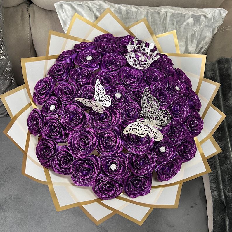 GLITTER Rose Purple Bouquet With Silve🦋 and White Wrapperr