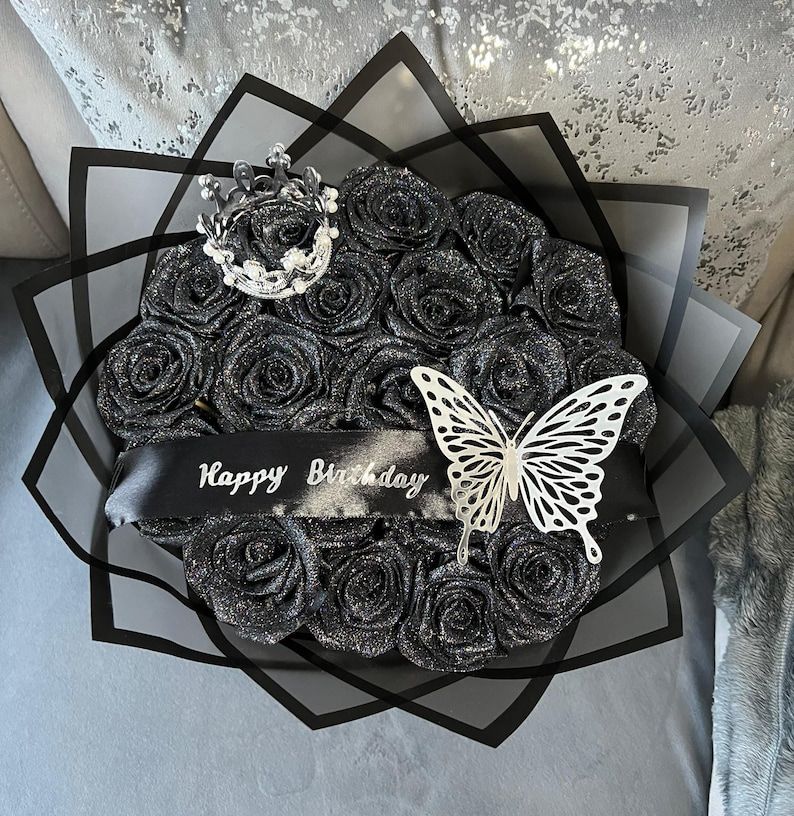 Glitter Black  Roses Bouquet Silver Butterfly with Black Wrapping Papper
