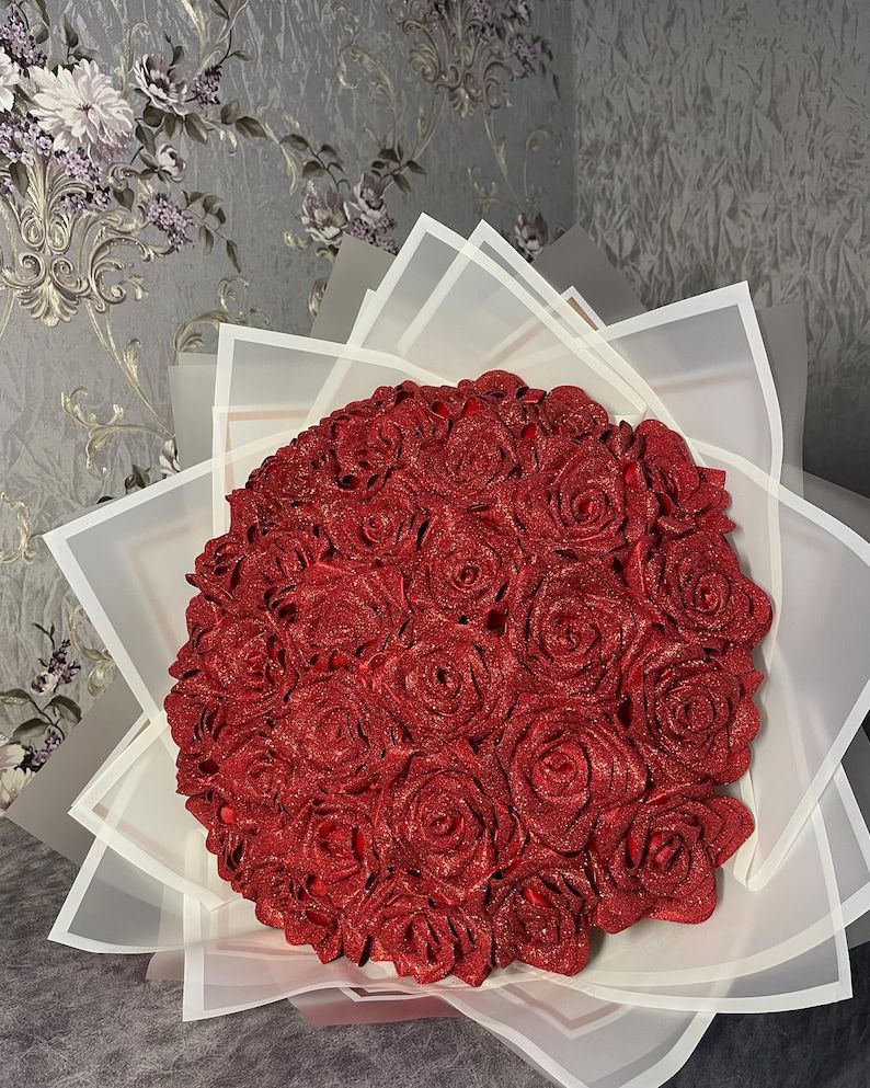Romantic Red Bouquet, Elegant Red Glitter Roses with White Wrapper