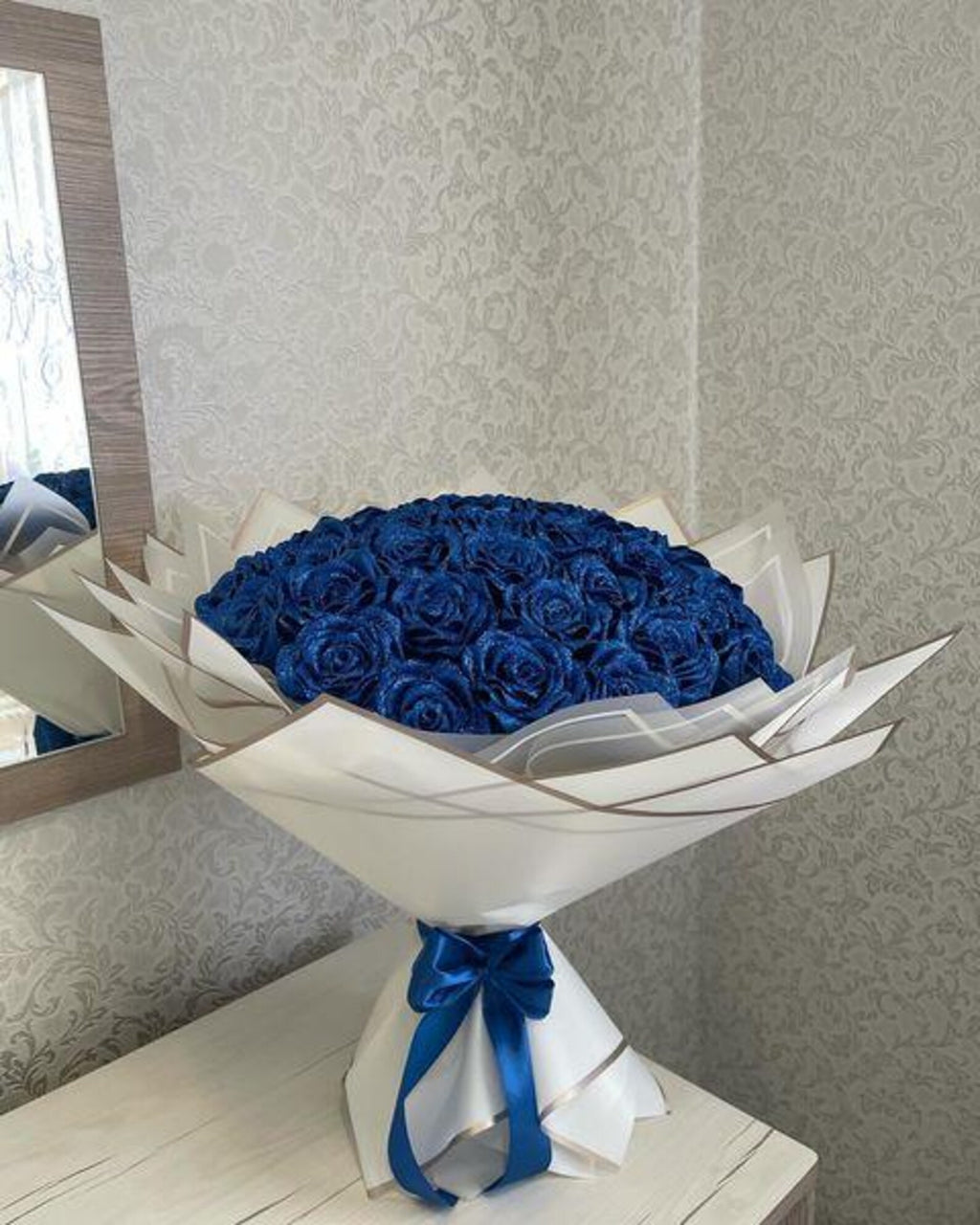 Glitter Blue rose with white wrapping