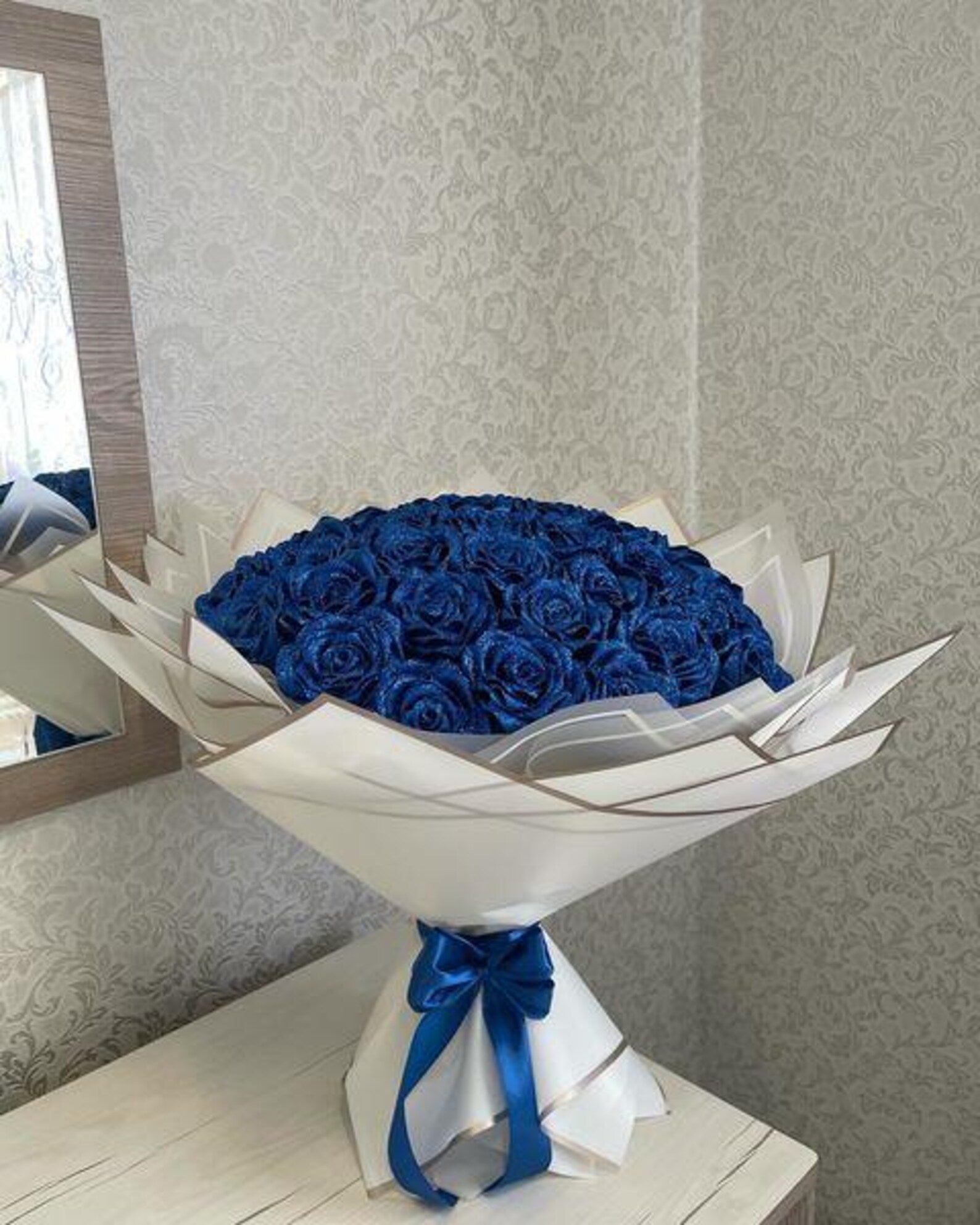 Glitter Blue rose with white wrapping